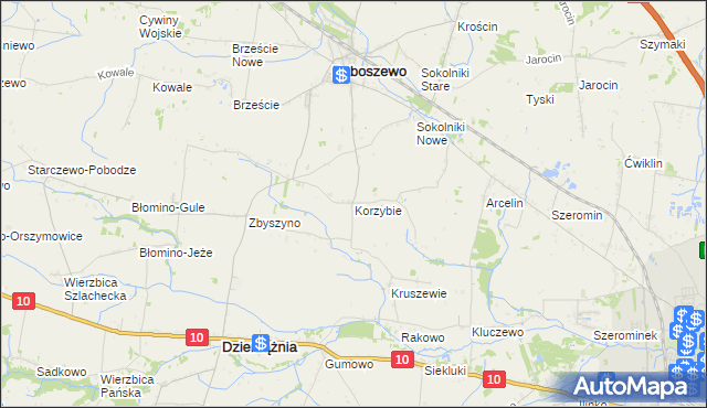 mapa Korzybie gmina Baboszewo, Korzybie gmina Baboszewo na mapie Targeo