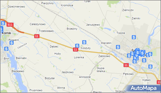 mapa Koszuty gmina Środa Wielkopolska, Koszuty gmina Środa Wielkopolska na mapie Targeo