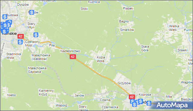 mapa Kozia Wola gmina Stąporków, Kozia Wola gmina Stąporków na mapie Targeo