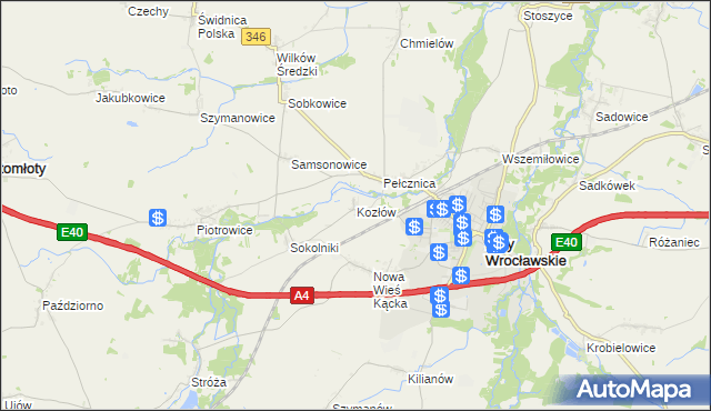 mapa Kozłów gmina Kąty Wrocławskie, Kozłów gmina Kąty Wrocławskie na mapie Targeo