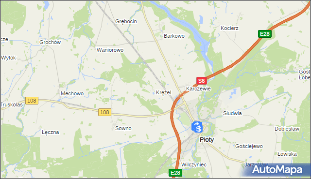mapa Krężel gmina Płoty, Krężel gmina Płoty na mapie Targeo
