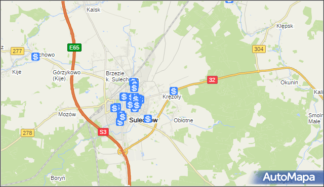 mapa Krężoły gmina Sulechów, Krężoły gmina Sulechów na mapie Targeo