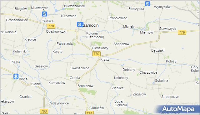 mapa Krzyż gmina Czarnocin, Krzyż gmina Czarnocin na mapie Targeo