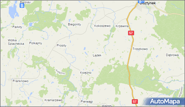 mapa Lądek gmina Bisztynek, Lądek gmina Bisztynek na mapie Targeo