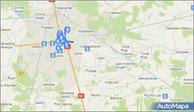 mapa Łazy gmina Łuków, Łazy gmina Łuków na mapie Targeo