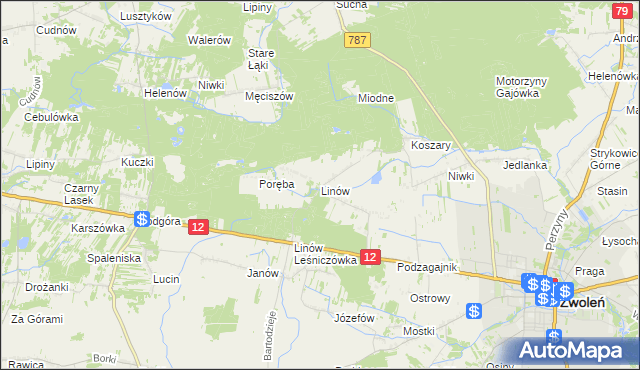 mapa Linów gmina Zwoleń, Linów gmina Zwoleń na mapie Targeo