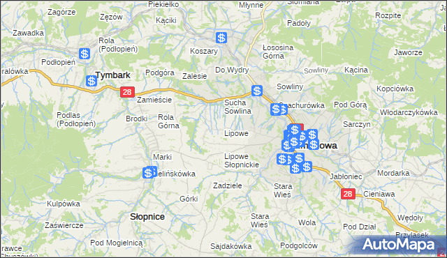 mapa Lipowe gmina Limanowa, Lipowe gmina Limanowa na mapie Targeo