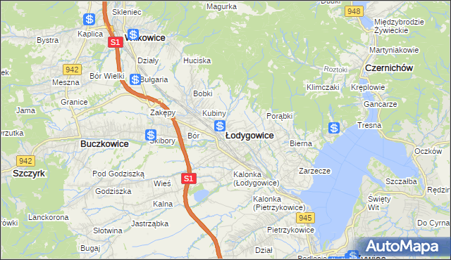 mapa Łodygowice powiat żywiecki, Łodygowice powiat żywiecki na mapie Targeo