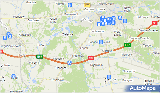 mapa Łopatki gmina Łask, Łopatki gmina Łask na mapie Targeo