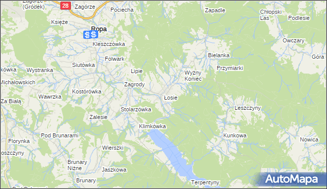mapa Łosie gmina Ropa, Łosie gmina Ropa na mapie Targeo
