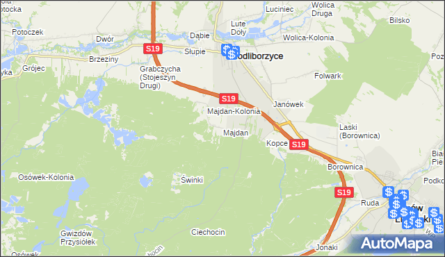 mapa Majdan gmina Modliborzyce, Majdan gmina Modliborzyce na mapie Targeo