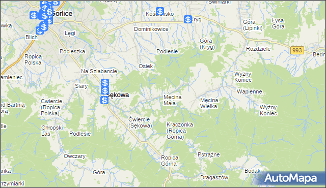 mapa Męcina Mała, Męcina Mała na mapie Targeo