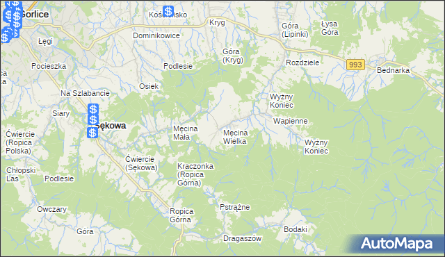 mapa Męcina Wielka, Męcina Wielka na mapie Targeo