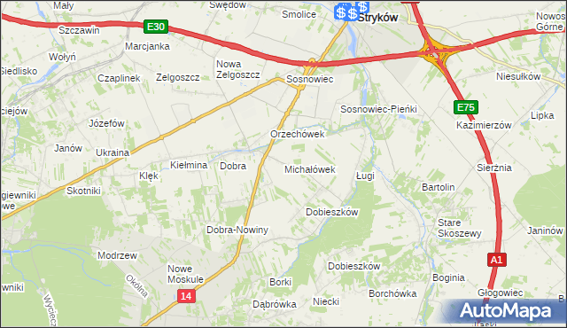 mapa Michałówek gmina Stryków, Michałówek gmina Stryków na mapie Targeo