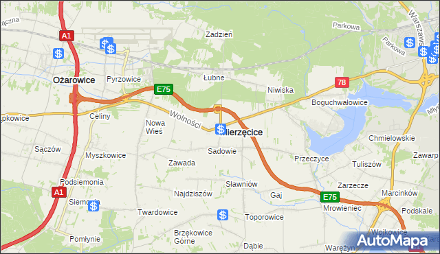 mapa Mierzęcice, Mierzęcice na mapie Targeo