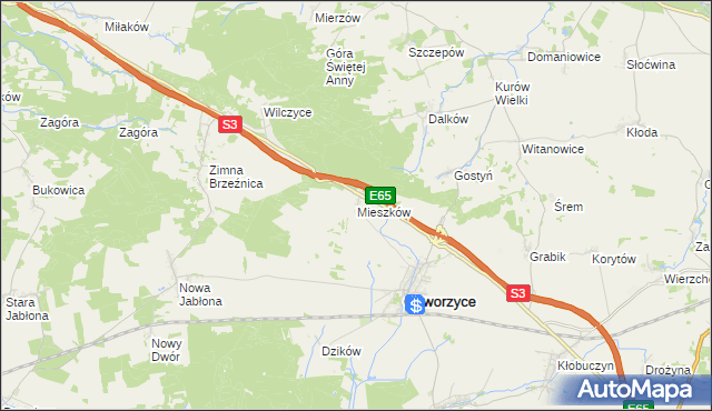 mapa Mieszków gmina Gaworzyce, Mieszków gmina Gaworzyce na mapie Targeo