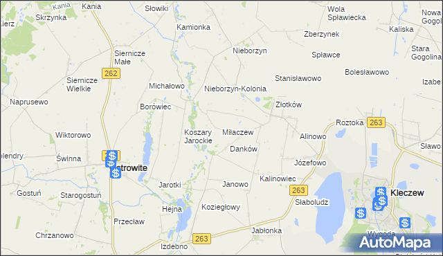 mapa Miłaczew gmina Kleczew, Miłaczew gmina Kleczew na mapie Targeo