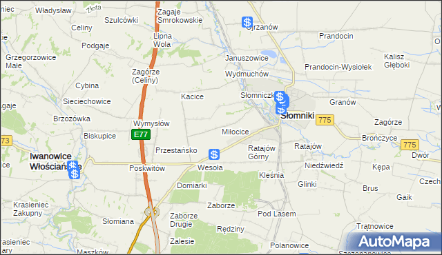 mapa Miłocice gmina Słomniki, Miłocice gmina Słomniki na mapie Targeo