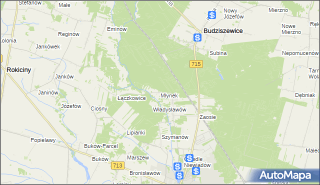 mapa Młynek gmina Ujazd, Młynek gmina Ujazd na mapie Targeo