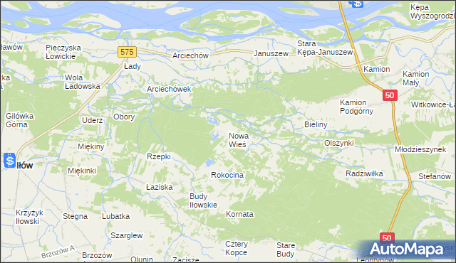mapa Nowa Wieś gmina Młodzieszyn, Nowa Wieś gmina Młodzieszyn na mapie Targeo