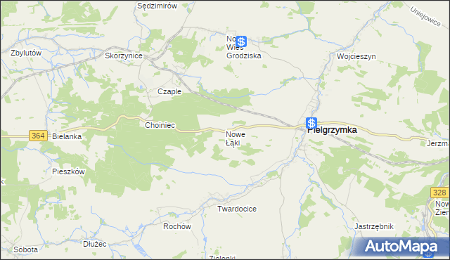 mapa Nowe Łąki gmina Pielgrzymka, Nowe Łąki gmina Pielgrzymka na mapie Targeo