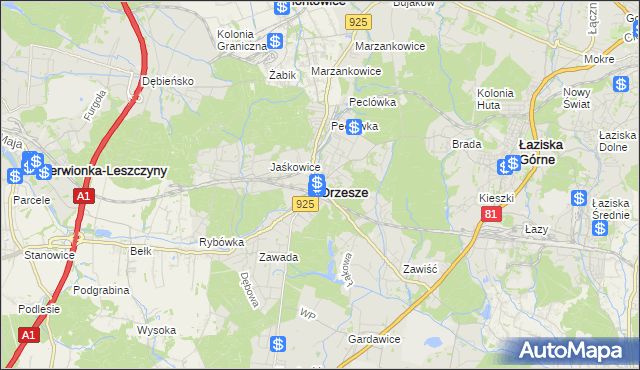 mapa Orzesze powiat mikołowski, Orzesze powiat mikołowski na mapie Targeo