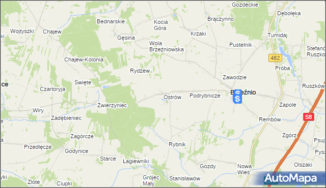 mapa Ostrów gmina Brzeźnio, Ostrów gmina Brzeźnio na mapie Targeo