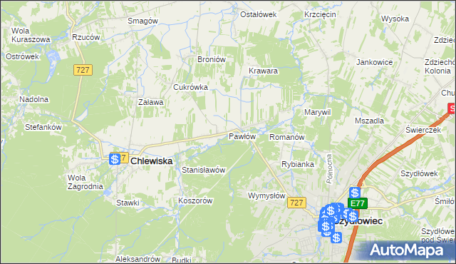 mapa Pawłów gmina Chlewiska, Pawłów gmina Chlewiska na mapie Targeo