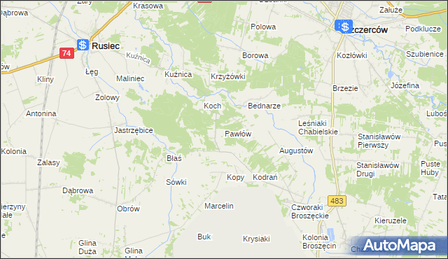 mapa Pawłów gmina Rusiec, Pawłów gmina Rusiec na mapie Targeo