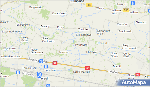 mapa Pawłowice gmina Teresin, Pawłowice gmina Teresin na mapie Targeo