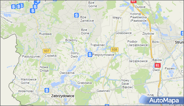 mapa Pielgrzymowice gmina Pawłowice, Pielgrzymowice gmina Pawłowice na mapie Targeo