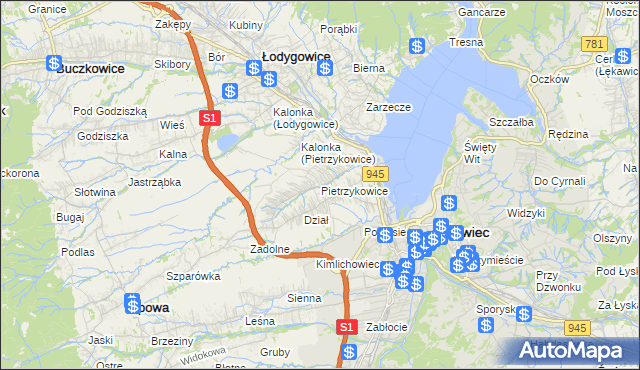 mapa Pietrzykowice gmina Łodygowice, Pietrzykowice gmina Łodygowice na mapie Targeo
