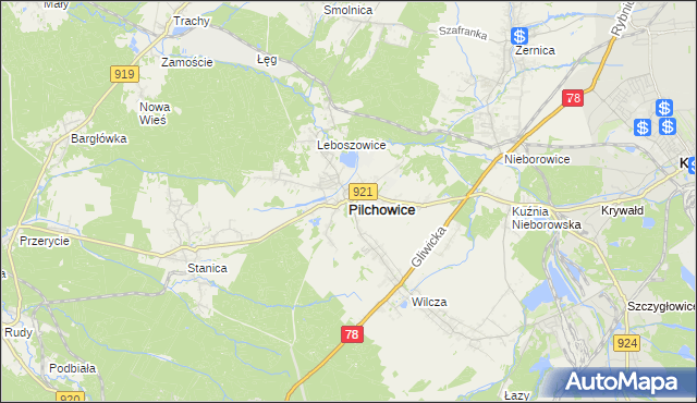 mapa Pilchowice powiat gliwicki, Pilchowice powiat gliwicki na mapie Targeo