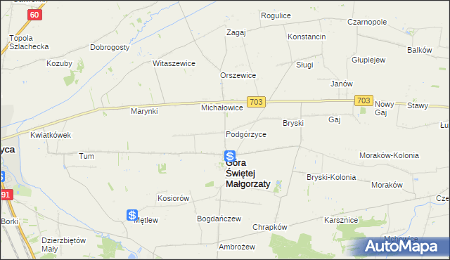 mapa Podgórzyce gmina Góra Świętej Małgorzaty, Podgórzyce gmina Góra Świętej Małgorzaty na mapie Targeo
