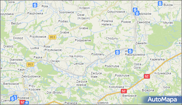 mapa Podolany gmina Kalwaria Zebrzydowska, Podolany gmina Kalwaria Zebrzydowska na mapie Targeo