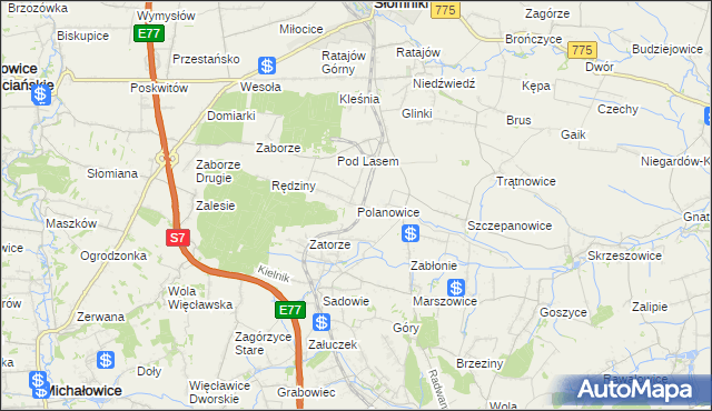mapa Polanowice gmina Słomniki, Polanowice gmina Słomniki na mapie Targeo