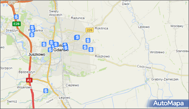 mapa Roszkowo gmina Pruszcz Gdański, Roszkowo gmina Pruszcz Gdański na mapie Targeo