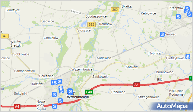 mapa Sadowice gmina Kąty Wrocławskie, Sadowice gmina Kąty Wrocławskie na mapie Targeo
