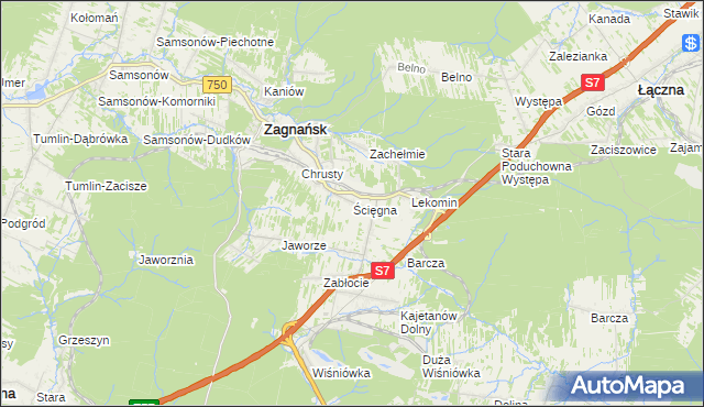 mapa Ścięgna gmina Zagnańsk, Ścięgna gmina Zagnańsk na mapie Targeo