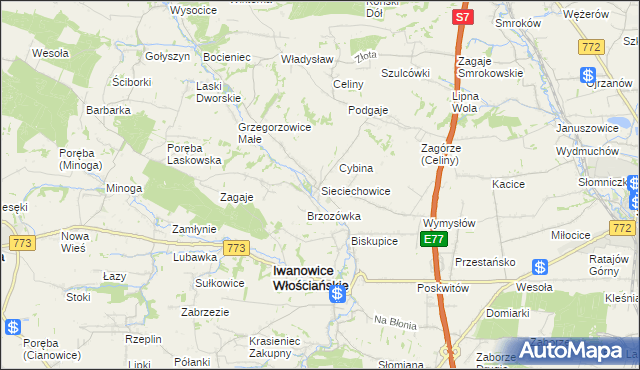 mapa Sieciechowice gmina Iwanowice, Sieciechowice gmina Iwanowice na mapie Targeo