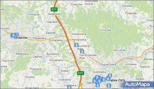 mapa Skomielna Biała, Skomielna Biała na mapie Targeo