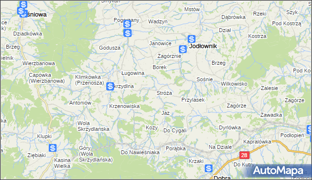 mapa Stróża gmina Dobra, Stróża gmina Dobra na mapie Targeo