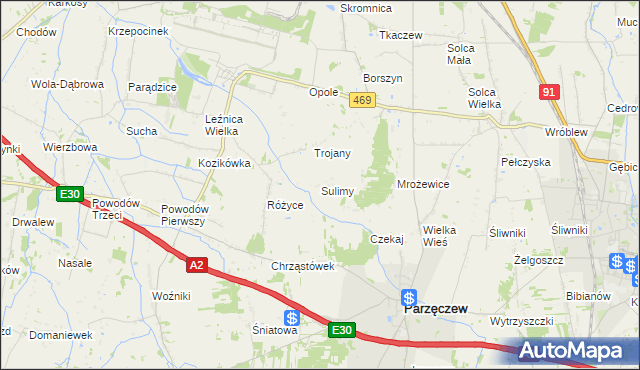 mapa Sulimy gmina Parzęczew, Sulimy gmina Parzęczew na mapie Targeo