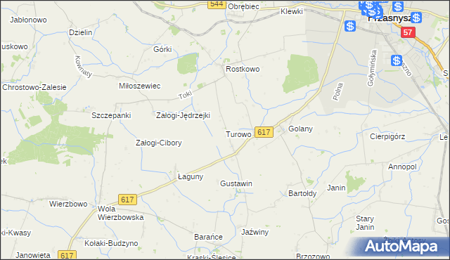 mapa Turowo gmina Czernice Borowe, Turowo gmina Czernice Borowe na mapie Targeo