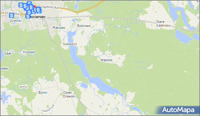 mapa Wąsosz gmina Złocieniec, Wąsosz gmina Złocieniec na mapie Targeo