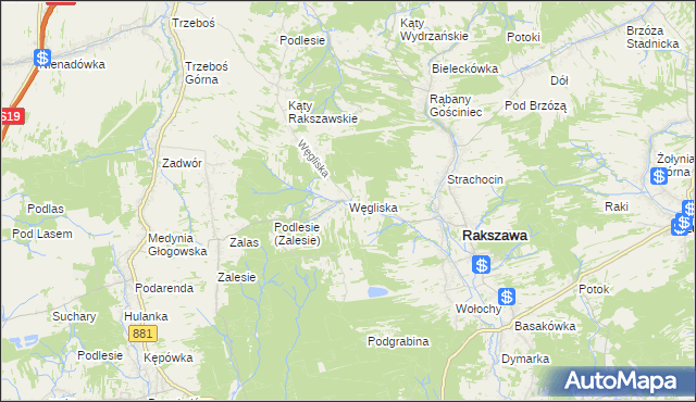 mapa Węgliska gmina Rakszawa, Węgliska gmina Rakszawa na mapie Targeo