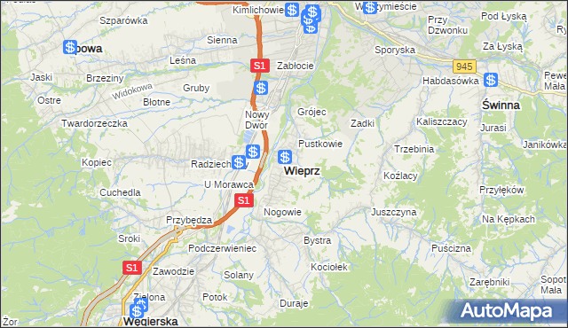 mapa Wieprz gmina Radziechowy-Wieprz, Wieprz gmina Radziechowy-Wieprz na mapie Targeo