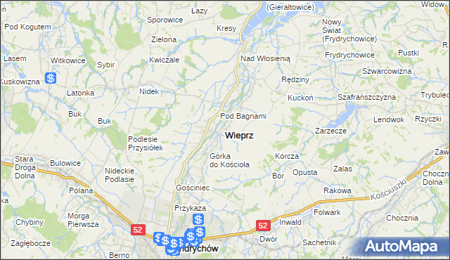 mapa Wieprz powiat wadowicki, Wieprz powiat wadowicki na mapie Targeo