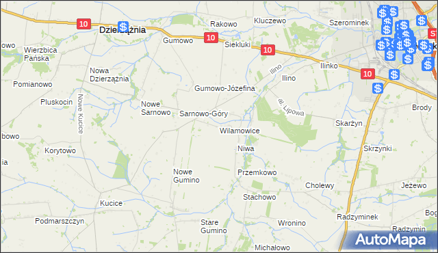 mapa Wilamowice gmina Dzierzążnia, Wilamowice gmina Dzierzążnia na mapie Targeo