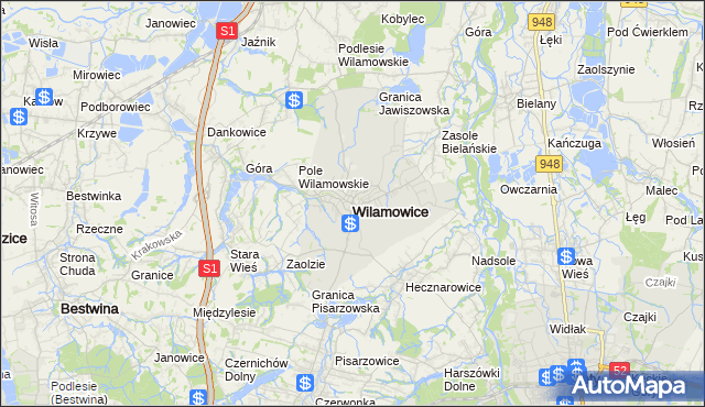 mapa Wilamowice powiat bielski, Wilamowice powiat bielski na mapie Targeo